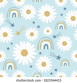 Daisies seamless pattern with doodle rainbow and star on blue background vector illustration.