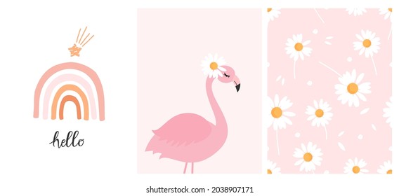 Daisies seamless pattern, flamingo cartoon and rainbow vector illustration. Cute childish prints.