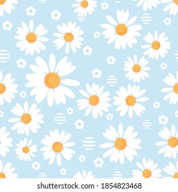 Daisies seamless pattern on blue background vector illustration. Cute floral print.