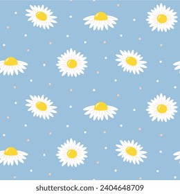 Daisies seamless pattern on pastel blue background. Ideal for printing on fabric and paper.