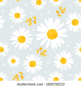 Daisies seamless pattern with snow, stars and falling leaves on light gray background vector illustration.