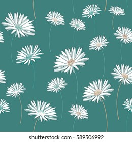 Daisies seamless pattern. Vector illustration on green background