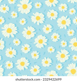 Daisies seamless repeat pattern on baby blue background great for wrapping paper, fabric, textile, and background 