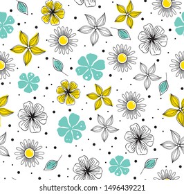 Daisies and Sunflowers pattern with polka dots for texture design