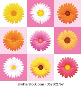 Daisies - variation of pink, yellow and orange flowers for seamless wallpaper pattern. Vector illustration.