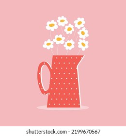 Daisies in a vase with a handle on a pink background. Minimalist illustration.