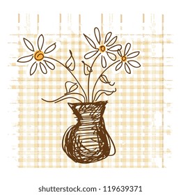 Daisies in vase on checkered background vector illustration