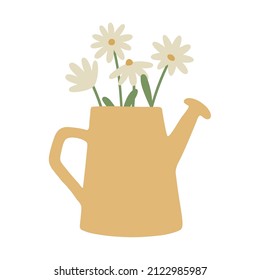 Daisies in watering can. Potted flowers. Cottage core. Home decorations and interior design elements. Flat. Scandinavian style