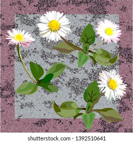 
Daisies - white flowers with yellow centers and green leaves. Postcard, an element of decor. Background - military, gray shades. Additional pink frame.