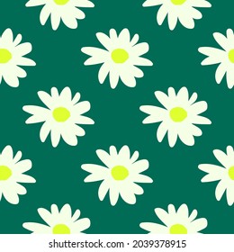 Daisies are white on a green background. Seamless bright pattern for textiles, fabric, background, packaging paper, wallpaper.