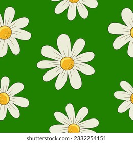 Daisies are white with a yellow core, without leaves and stems on a dark green background or a background of foliage color. Seamless pattern. Flora. Chamomile. Print on fabric. Vector illustration.