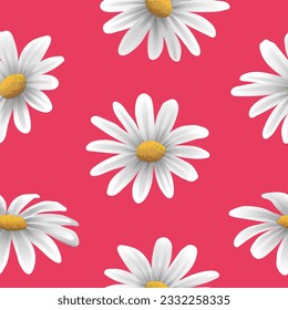 Daisies are white with a yellow core, without leaves and stems, on a background of fuchsia, pink or purple. Seamless pattern. Plants and flora. Chamomile. Print on fabric. Vector illustration.