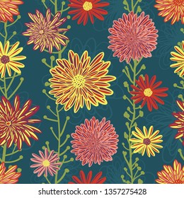 Daisy and Aster flowers seamless vector pattern. Bright red pink purple  yellow flowers on blue background. Contemporary seasonal floral repeat tile. Hand drawn design for fabric, home decor, paper.