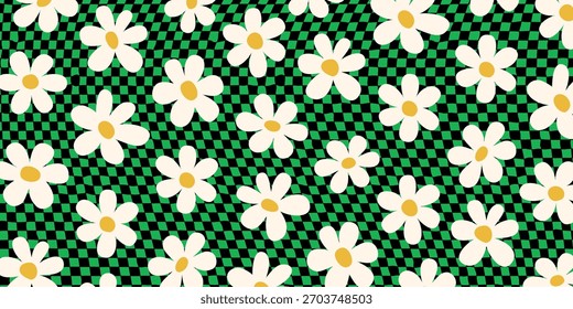 Fondo de margarita con flores blancas sobre patrón a cuadros verde y negro en estilo abstracto groovy. Patrón de margaritas y cuadros. Ilustración vectorial