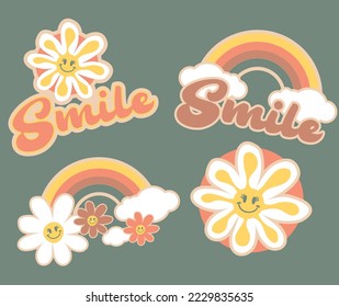 Daisy badge illustration with smile slogan. Retro flower graphic design.Vector graphic design for t-shirt.