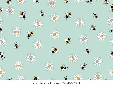 daisy and bee flower blue background seamless repeating