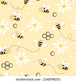 Daisy and bee seamless pattern. Flowers ,hearts, polka dots and cartoon bees on a beige background. Vector