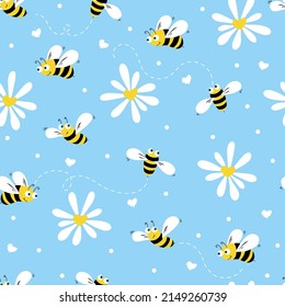 Daisy and bee seamless pattern. Flowers, petals and cartoon bees on a blue background. Vector