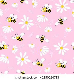 Daisy and bee seamless pattern. Flowers, petals and cartoon bees on a pink background. Vector illustration