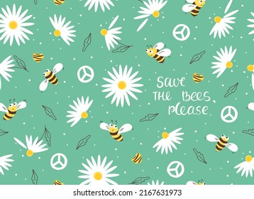 Daisy and bee seamless pattern. Flowers and cartoon bees, hearts on a green background. Vector