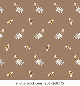 Daisy and bee seamless pattern. Flowers and bees on a brown background. Vector illustration.