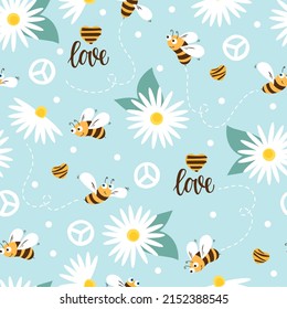 Daisy and bee seamless pattern. Vector Flowers and cartoon bees, hearts on a blue background. 