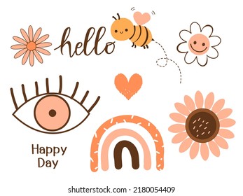 Daisy, bee, sunflower, eye art, heart and rainbow isolated on white background vector illustration. Cute childish print.