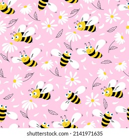 Daisy and bees seamless pattern. Flowers, petals and cartoon bees on a pink background. Vector illustration