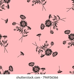 Daisy Black Bouquets Isolated on Pink background. Vector Doodle Flowers Seamless Pattern