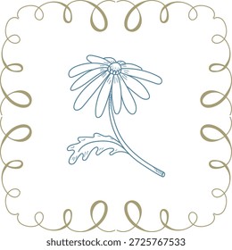 Flor de margarita con tallo curvo y hoja dentada, dibujada en una línea limpia dentro de un marco de cinta en bucle. Símbolo de pureza, primavera y elegancia de la naturaleza para el saludo, la boda. Ilustración vectorial de dibujos animados.