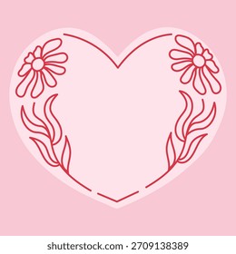 Tarjeta del marco del corazón de Daisy Bloom. Esquema floral de San Valentín decorado con flores y hojas en flor para alegres Plantillas de primavera y verano. Ilustración vectorial