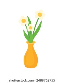 Daisy blossom flowers for house plant flat drawing icon clip art cartoon vector illustration isolated on transparent background