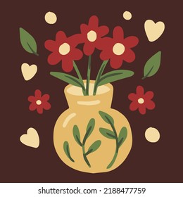 Daisy Bouquet In Vase Vector Illustration. Elegance Hand Drawn Floral Greeting Card In Simplicity Cartoon Style. Pretty Decorative Flowers Poster