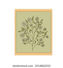 Daisy branch stamp. Rectangle sticker with plant. Vector hand drawn illustration