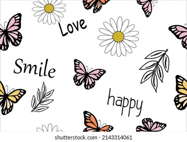 daisy and butterfly hand drawn design vector