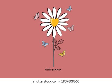 daisy with butterfly hand drawn vector art