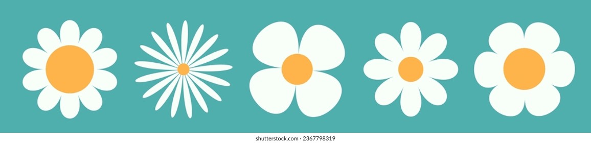 Daisy Chamomile gran línea. Icono de nueve camomilas blancas. Colección de plantas de flores redondas. Símbolo de la tarjeta de amor. Concepto creciente. Diseño plano. Aislado. Fondo azul. Ilustración del vector