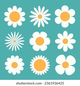 Daisy Camomile big set. Nine white chamomile icon. Cute round flower head plant collection. Love card symbol. Growing concept. Flat design. Nature style. Isolated. Blue background. Vector illustration