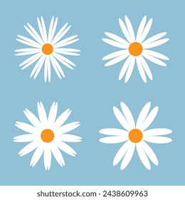 Daisy Camomile big set. Nine white chamomile icon. Cute round flower plant collection. Different shape. Love card symbol. Growing concept. Flat design. Isolated. sky background.