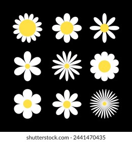 Daisy Chamomile conjunto grande. Icono de manzanilla blanca. Linda colección de plantas de flores redondas. Forma diferente. Símbolo de tarjeta de amor. Concepto creciente. Diseño plano. Fondo negro. Aislado. Ilustración de vector