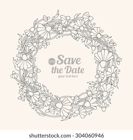 Daisy, camomile, chamomile wild forest flowers wreath for bride. Vector. Hand drawn bridal artwork. Love bohemia concept for wedding invitations, cards, tickets, congratulations. Black and white beige