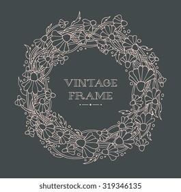Daisy, camomile, chamomile wild forest flowers wreath for bride. Vector. Hand drawn artwork. Love concept for wedding invitations, cards, tickets, congratulations. Dark grey beige pink colors