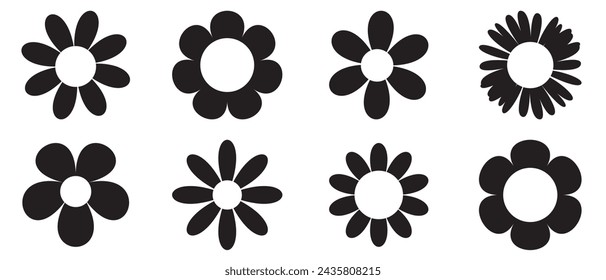 Daisy Camomile. Eight chamomile silhouette shape icon line set. Cute round flower plant nature collection. Love symbol. Growing concept. Decoration element. Flat design. White background. 
