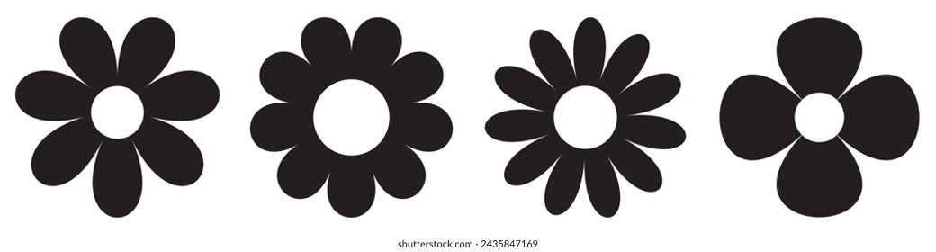 Daisy Camomile. Eight chamomile silhouette shape icon line set. Cute round flower plant nature collection. Love symbol. Growing concept. Decoration element. Flat design. White background. 