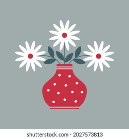 Daisy camomile flowers in vase. White chamimile flowers in red vase. Vector illustration