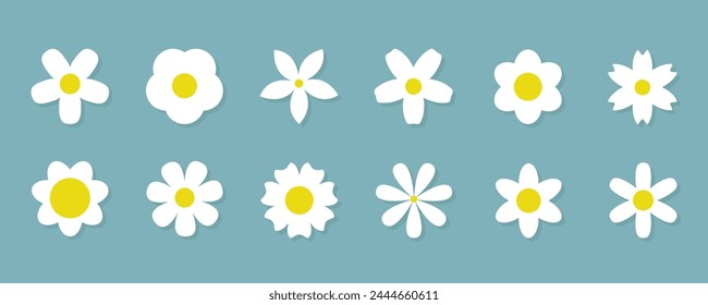 Daisy Camomile set. 12 white chamomile icon. Cute round flower head plant collection. Love card symbol. Growing concept. Simple flat design. Nature style. Isolated. Blue background Vector illustration