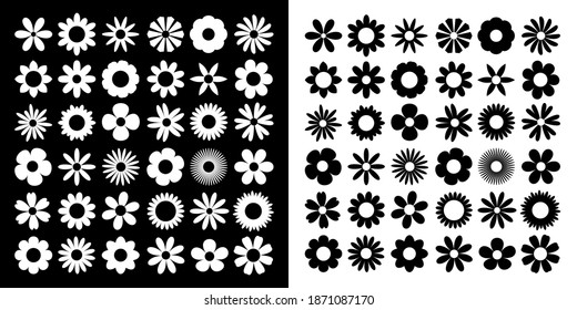 Daisy Camomile set. Chamomile silhouette shape icon. Cute round flower plant nature collection. Love symbol. Growing concept. Decoration element. Flat design. Isolated. Black White background. Vector