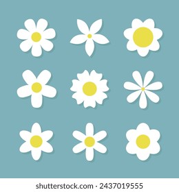 Daisy Camomile set. Nine white chamomile icon. Cute round flower head plant collection. Love card symbol. Growing concept. Simple flat design. Nature style. Isolated. Blue background. Vector