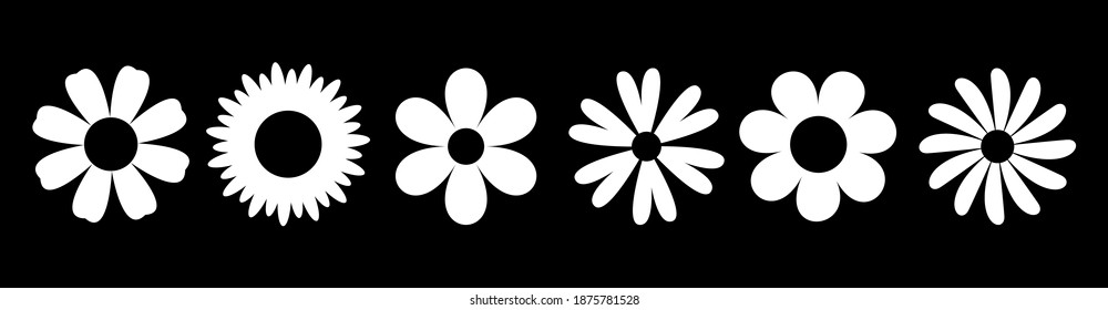 Daisy Camomile. Six chamomile silhouette shape icon line set. Cute round flower plant nature collection. Love symbol. Growing concept. Decoration element. Flat design. Black background. Vector