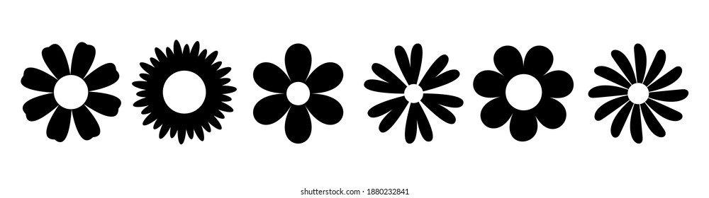 Daisy Camomile. Six chamomile silhouette shape icon line set. Cute round flower plant nature collection. Love symbol. Growing concept. Decoration element. Flat design. White background. Vector